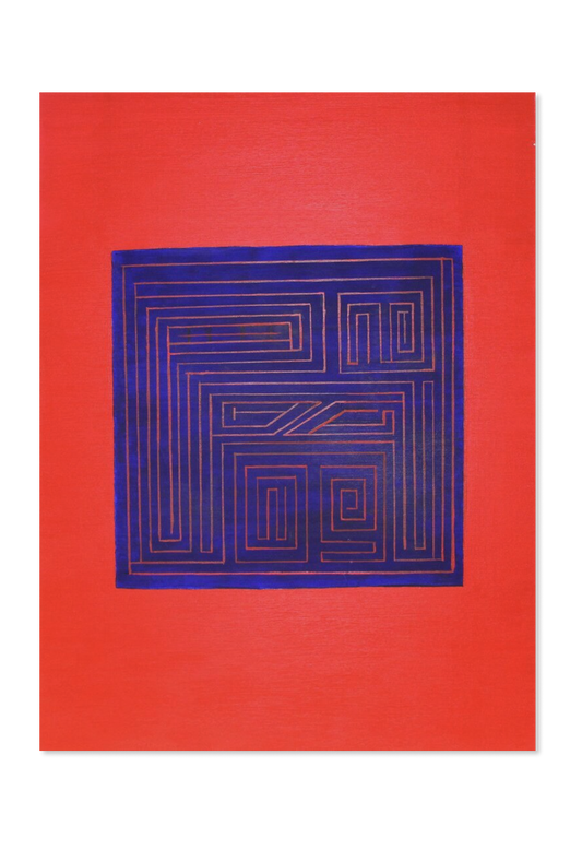 painting of a red rectangle with centered blue square with red maze lines inside