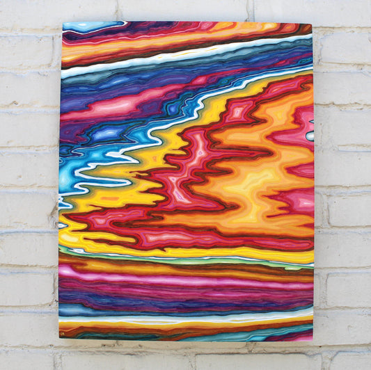 rainbow colored abstract wooden pattern painting on grey brick wall 