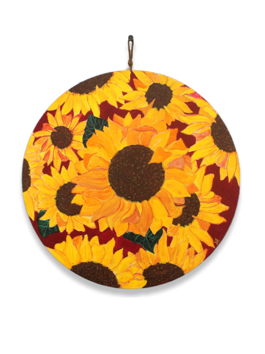 Round acrylic painting of sunflowers with brown background