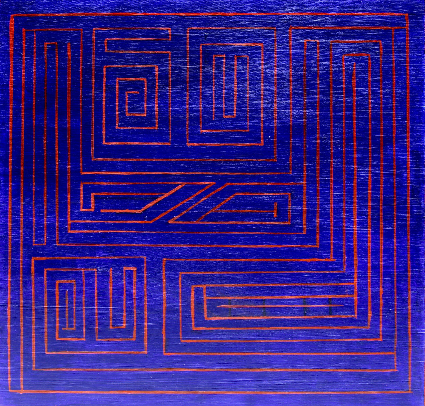 close up of blue square with red lines 