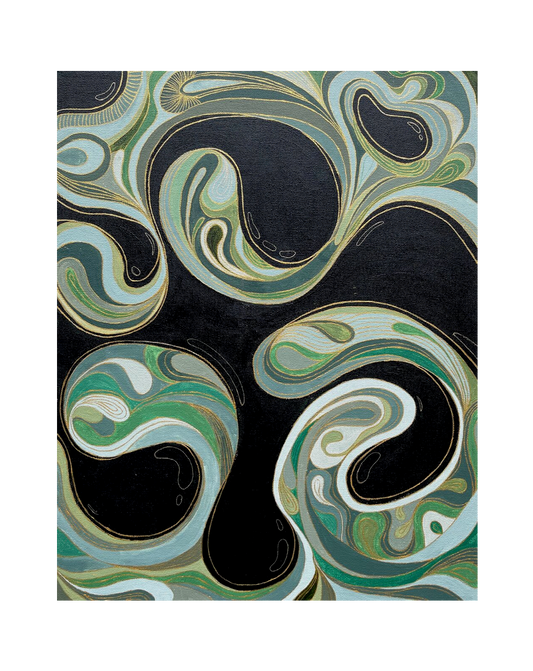 Abstract painting of swirls in different green tones and gold