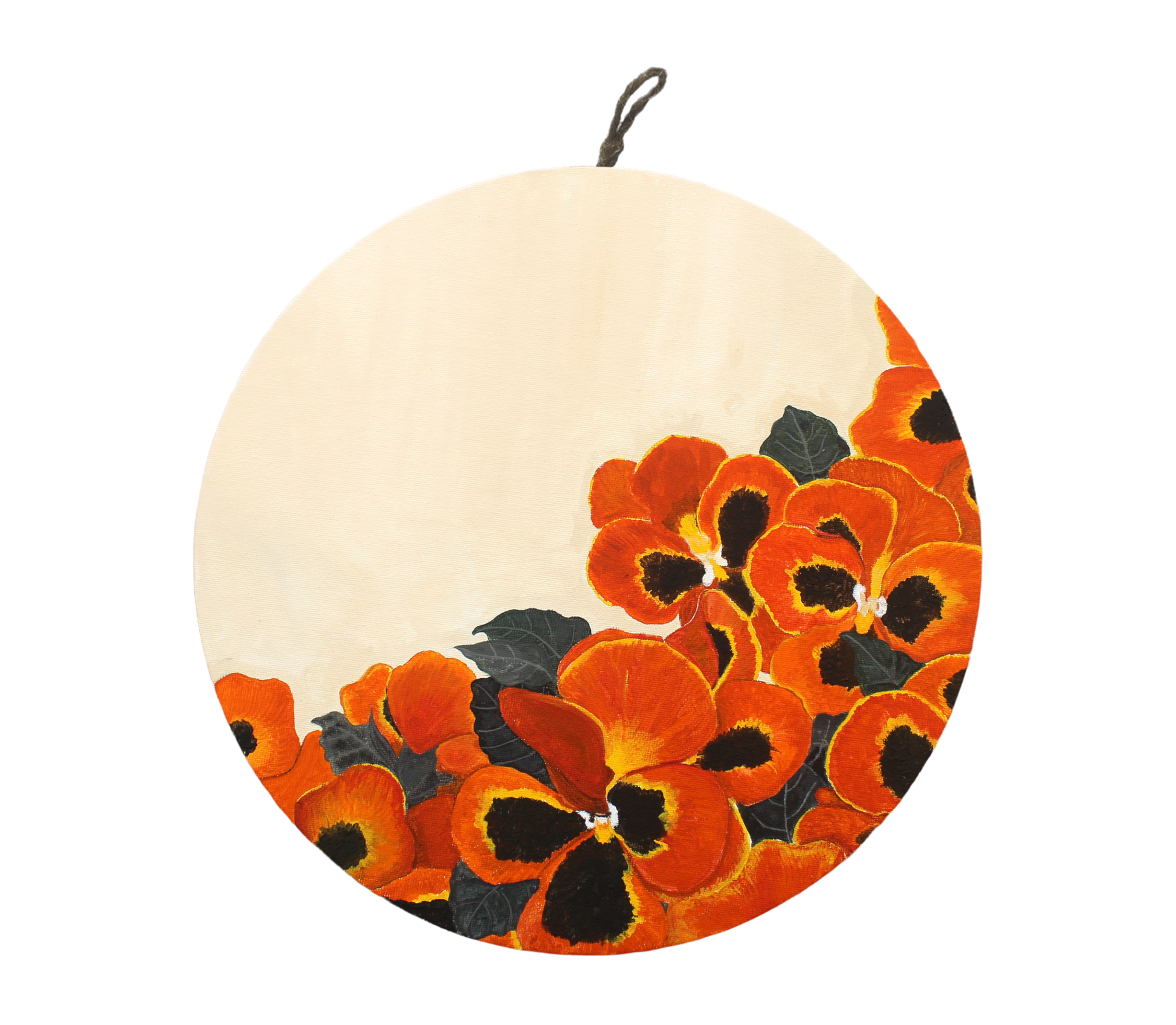 Painting of pansy flowers that are all orange, yellow, and black