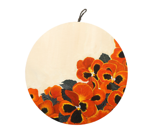 Painting of pansy flowers that are all orange, yellow, and black