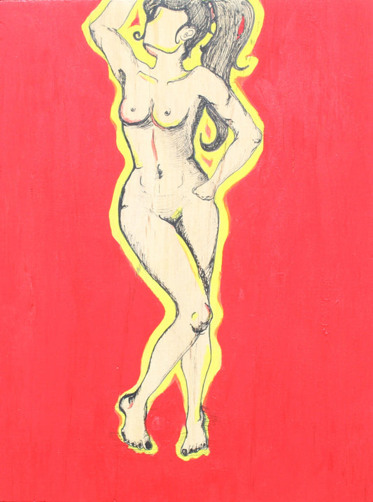 illustration of nude pen drawn woman with yellow outline and red background 