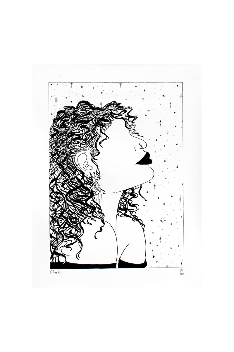 black and white drawing of woman with nose ring and curly hair