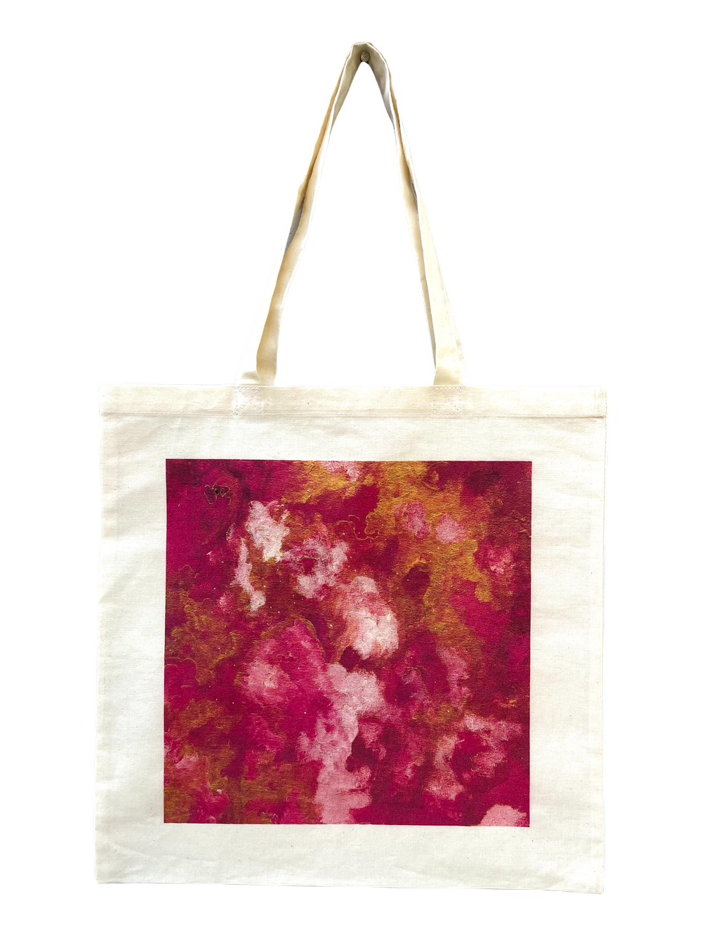 canvas tote bag with abstract square print in pink, white, and gold