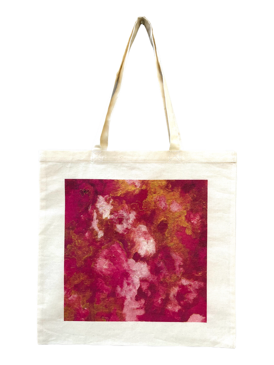 canvas tote bag with abstract square print in pink, white, and gold