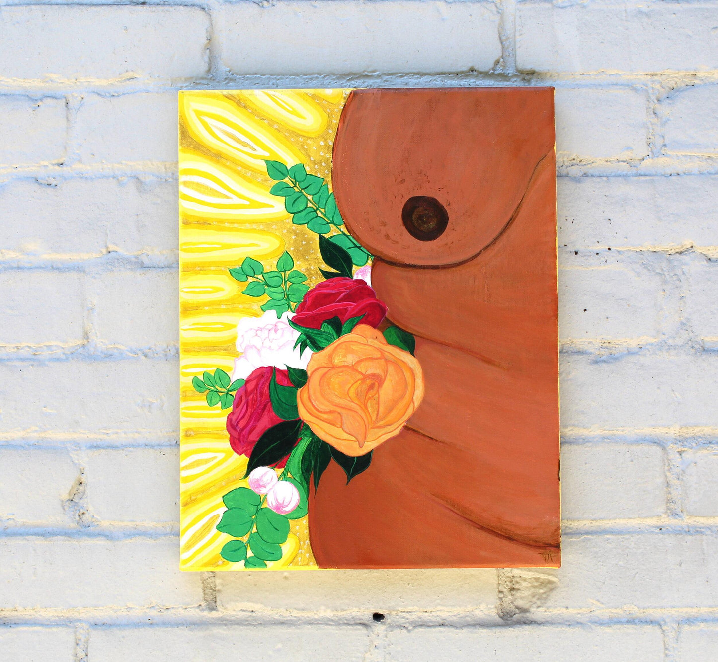 brown nude torso with orange and pink roses and green leaves and yellow background painting on grey brick wall