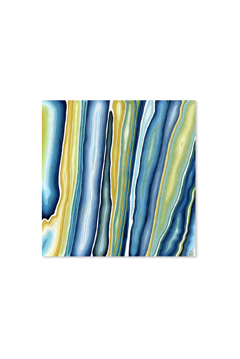 painting in blue, green, yellow, and white abstract vertical wood pattern