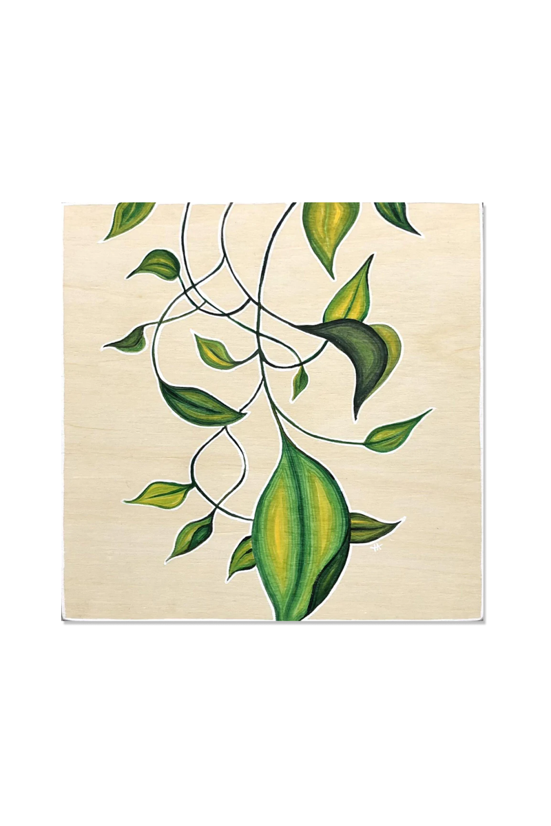 Acrylic painted leaves on untreated wood canvas