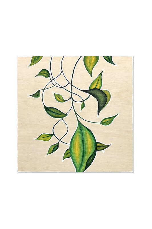 Acrylic painted leaves on untreated wood canvas