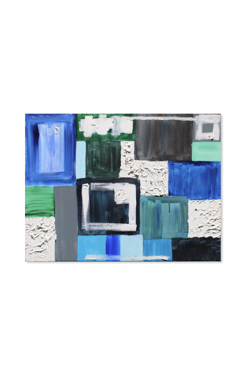 Abstract pattern painting in blue and green tones with white sections