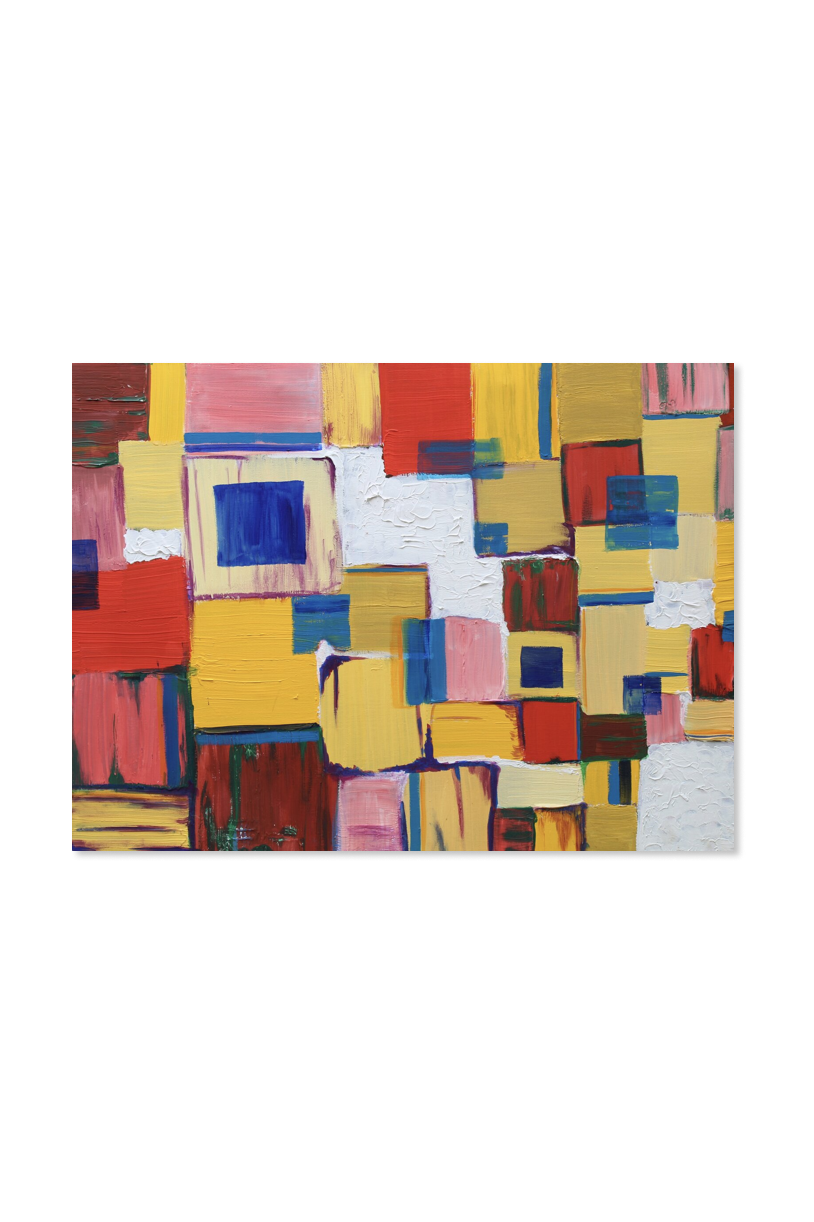 abstract painting of squares in red, yellow, pink, and blue tones