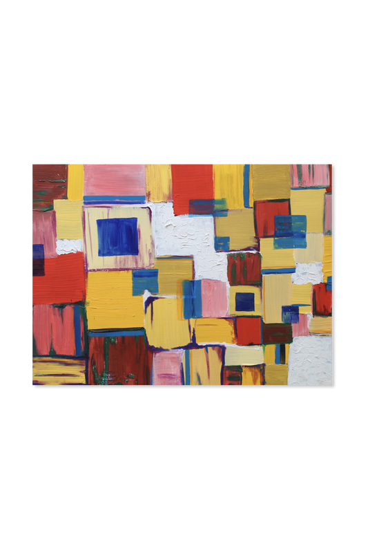 abstract painting of squares in red, yellow, pink, and blue tones