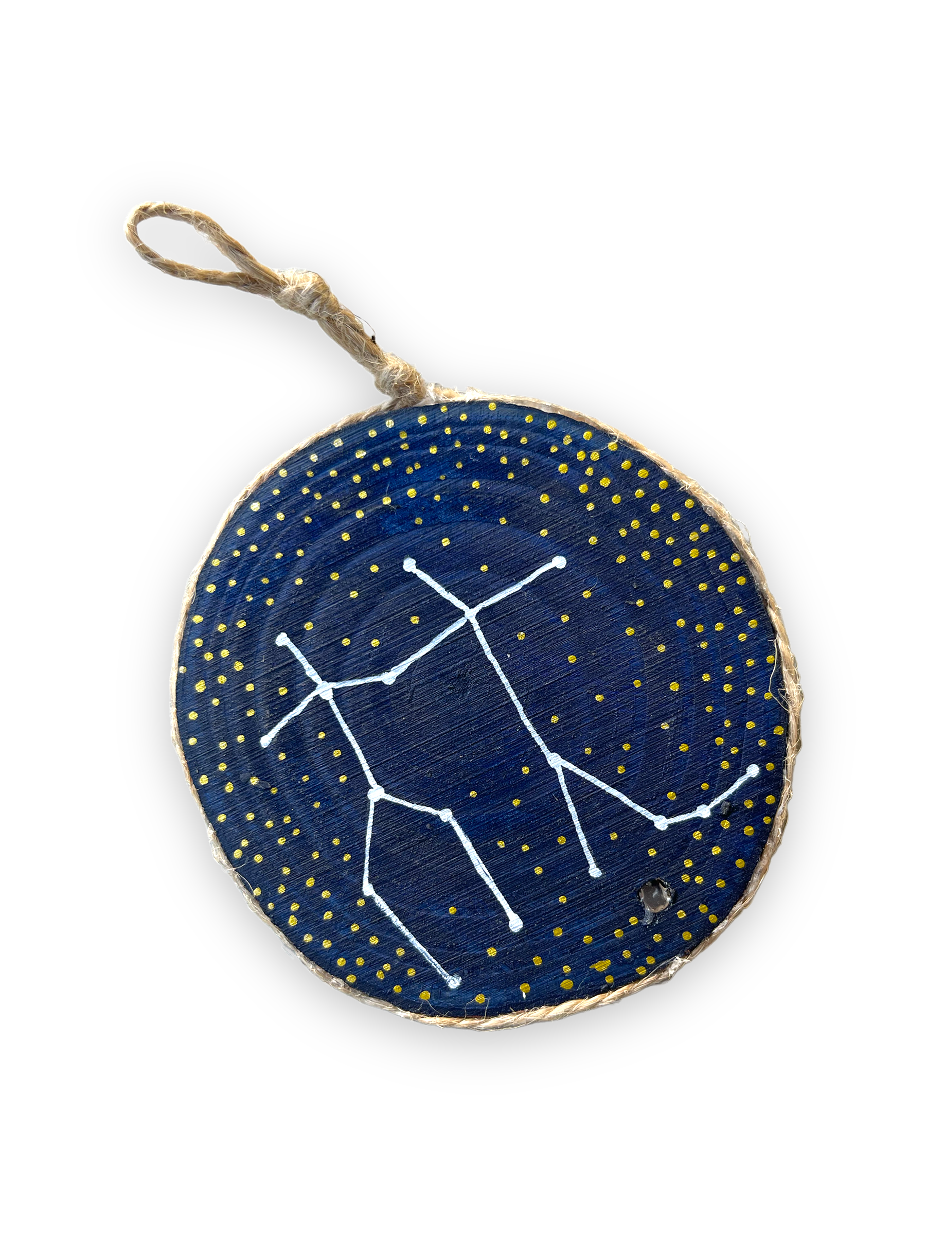 gemini constellation painted on three by three wood ornament