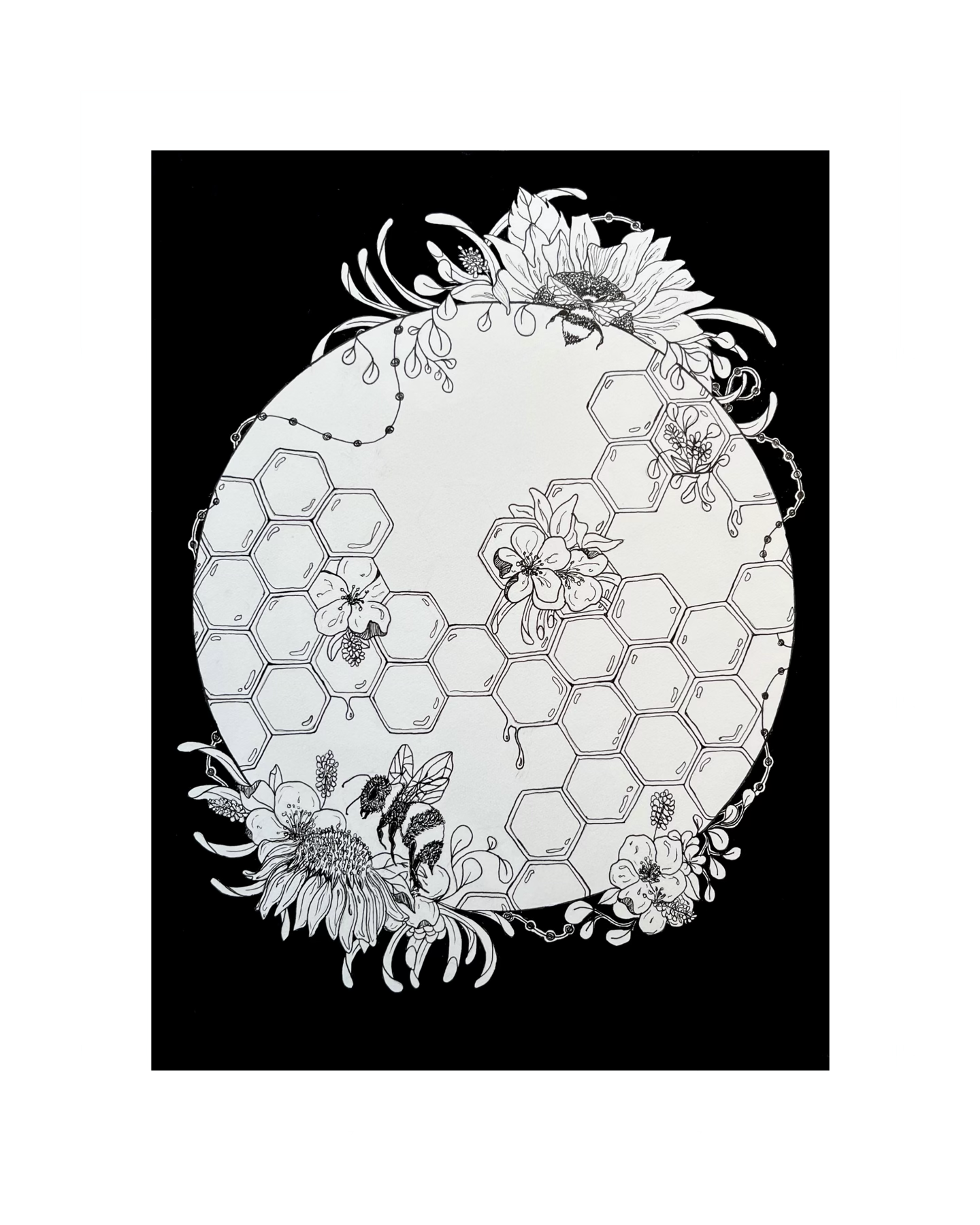 black and white illustration of honeycomb with bees and sunflowers