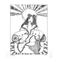 black and white drawing of centered woman sitting on couch with sun and moon above her head with patterned rays 