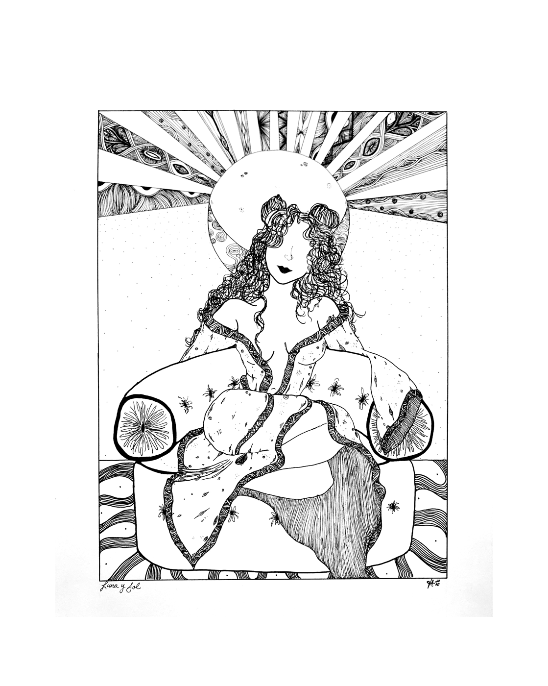 black and white drawing of centered woman sitting on couch with sun and moon above her head with patterned rays 