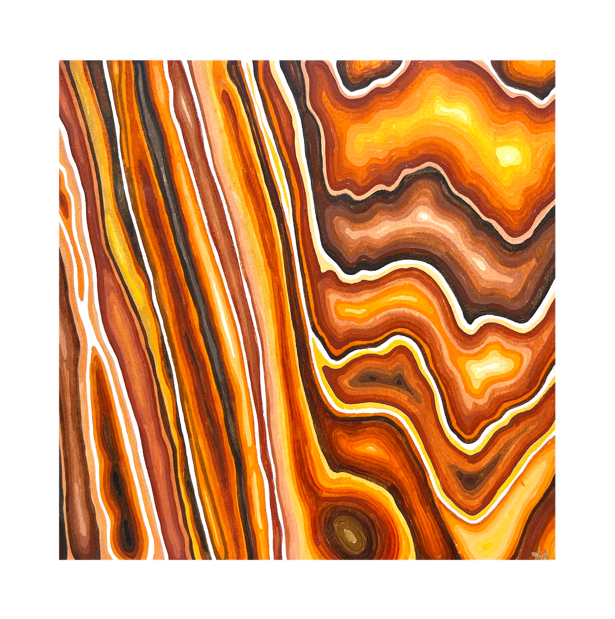 abstract acrylic painting of tree pattern in browns, yellows, nad white