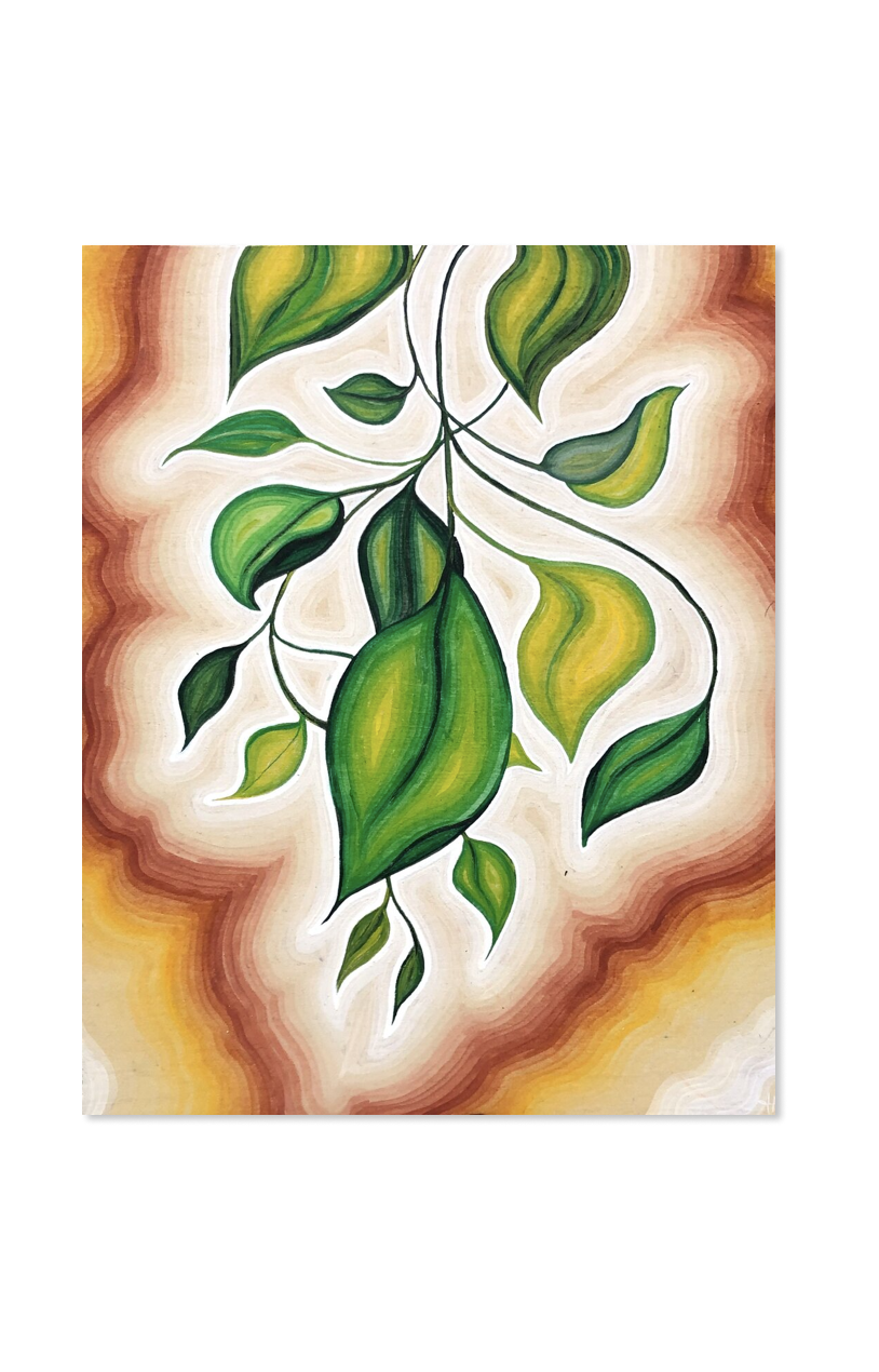 green leaves and vines painted in center of canvas with white, brown, and yellow outline