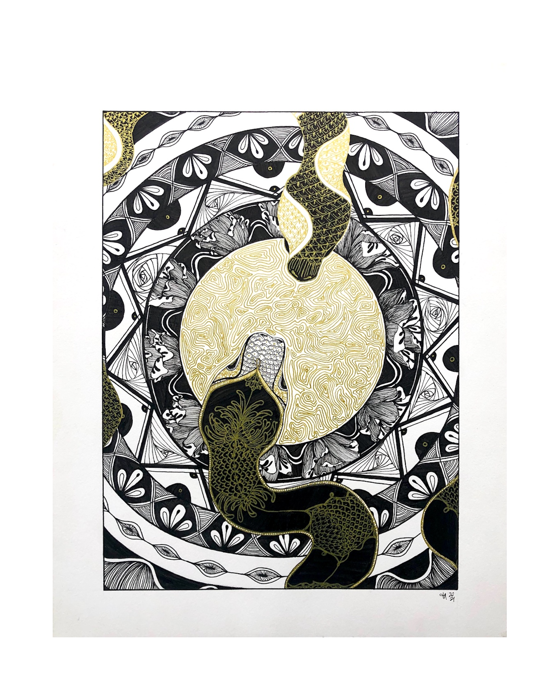 two black, white, and gold snakes meeting at center of page on top of circular gold pattern and black and white shapes 