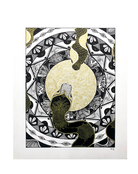 two black, white, and gold snakes meeting at center of page on top of circular gold pattern and black and white shapes 