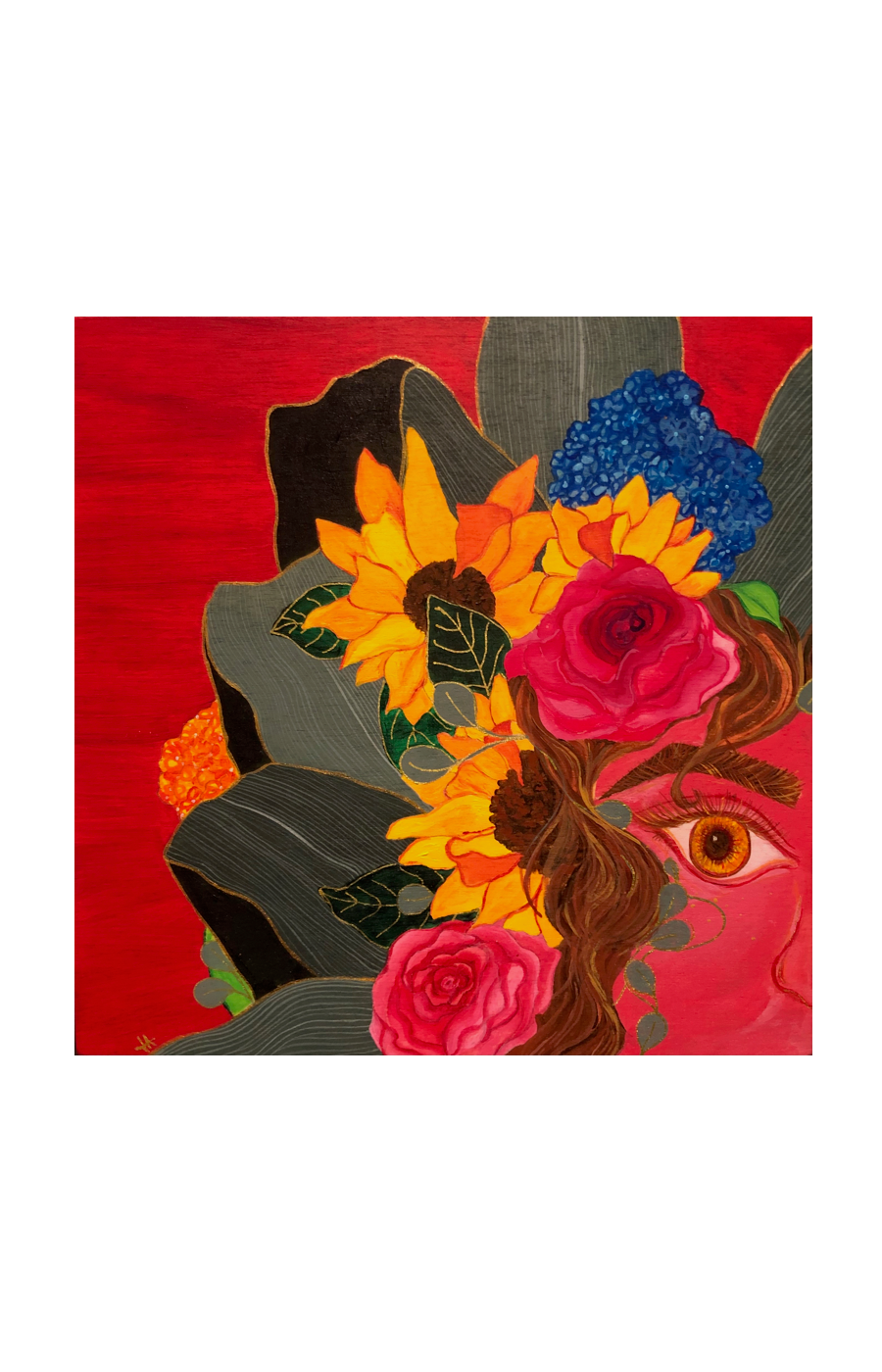 half of woman's face with brown hair surrounded by pink roses, sunflowers, blue hydrangeas, and leaves on a hot pink background